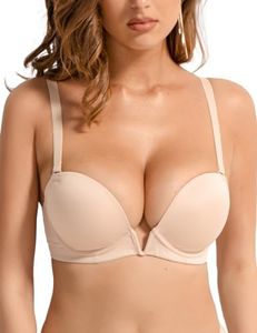 Crushnow Plunge Bras fow Women Padded Deep V Neck Push Up Wired Support T-Shirt Brassiere Add Cup Size, Nude, 16C