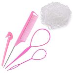 SWEET VIEW Hair Loop Styling Tool Set with 1000 Pcs Clear Mini Elastic Hair Bands 1 Pcs Rat Tail Combs for Braiding Styling 2 Pcs Hair Pull Through Tool 1 Pcs Hair Band Cutter - Pink