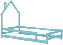 CuisinSmart Blue 1 Pine Wood Floor Bed Frame with House Shaped Headboard Full-Length Guardrails Twin Size for Toddler Kids Girls Boys (202 x 113.8 x 145cm)