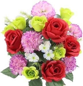 Admired By Nature Artificial Rose Carnation Mixed Bush, 24 Stem, Spring Faux Flower Arrangement for Home Decoration, Cemetery Flowers for Grave, ABN1B018-RD-KW-LAV, Red Kiwi Lavender