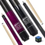 CUEBAR Pool Cues Set of 2, 58" 2-Piece Pool Sticks for Adults, 3D Grip House Bar Billiard Cue Sticks with 13mm Tip for Men Women - Black + Purple