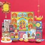 Phool Ashta Lakshmi Diwali Giftbox - 14 Item Gift Hamper - Contains Gold Lakshmi charan, Padma gold Yellow diya, Dry Fruit, Ceramic Wall hanging diya, Playing cards with Tin Box, Incense, rajwadi saunf and Mishri, Roli Chawal set