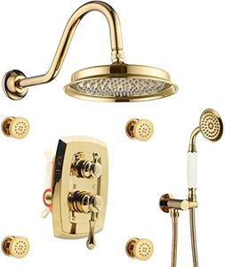 ZYGOLVQ Gold Vintage Brass Shower System with Body Jets - 9" Wall Mounted Rainfall Head and Brass Ceramic Handheld Spray, 3 Way Diverter Brass Rough-in Valve Trim Kit