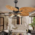 ANFERSONLIGHT Industrial Cage Ceiling Fan - 52-Inch with 5 Lights, Remote Control, Palm Blades, and Black Finish - Quiet and Vintage Tropical Style Indoor Chandelier Fan