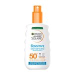 Garnier Ambre Solaire SPF 50+ Sensitive Advanced Sun Cream Spray, Factor 50, Water Resistant & Non Greasy Sunscreen, No Fragrance, UVA & UVB Protection, Approved by Cruelty Free International, 150ml