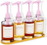 Coffee Syrup Dispenser for Coffee Bar, Coffee Syrup Pump Dispenser, Glass Syrup Bottle with Pink Upgraded Pump, 4 Pack 16.9 oz 500 ml Syrup Dispensers, 28 Labels and Bamboo Tray