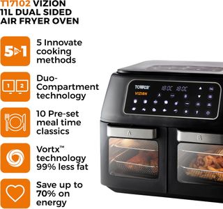 Tower Vortx Vizion Dual Compartment Air Fryer Oven, 11L, Black