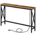 Rolanstar Console Table with Power Outlet, Narrow Sofa Table, 55.1" x 7.9" Farmhouse Table Behind Sofa Couch Hallway Entrance for Living Room, Entryway, Foyer, with Metal Frame, Rustic Brown