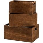 Hedume Set of 3 Wood Storage Cube with Handle, Rustic Brown Decorative Wood Storage Box Container, Stackable Cube Basket Bins Organizer for Home, Office, Closet, Shelf, Bookcase, Closet