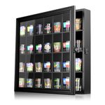 QLoztyse Shot Glass Display Case - 28 Slots Wall Mount Wooden Shot Glass Holder with Acrylic Door Lockable Cabinet Rack with Removable Black Shelves for Storage Shot Glasses, 18"X16.5"