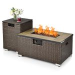 COSTWAY Outdoor Fire Pit Table Set, 40000 BTU Rattan Fire Pit Table with Gas Bottle Tank Cover, Lava Rocks, Tile Top & PVC Cover, Patio Fire Pit Table & Storage Box (2PCS Fire Pit Table Set)