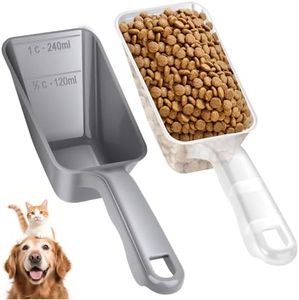 2-Pack Dog Food Scoop 1 Cup, Plastic Pet Food Measuring Scoop With Measuring Lines (1/2 & 1 Cup Markings) for Dogs, Cats, Fish, Bird（Transparent and Grey)