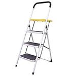 Stanz (TM) 3 Steps Steel Ladder with Tool Tray and Hand Grip, Three Steps Ladder 300 Pound Capacity