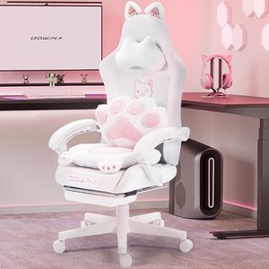 Dowinx Gaming Chair Cute with Cat Ears and Paw Lumbar, Ergonomic Computer Chair for Girl with Footrest and Headrest, Comfortable Reclining Game Chair 290lbs for Adult, Teen, White