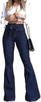 Pantete Womens High Waisted Bell Bottom Jeans Denim High Rise Flare Jean Pants with Wide Leg and Belt Blue