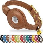 OOPSDOGGY Leather AirTag Cat Collar with Bell - Non Breakaway Kitten Collar with Apple Air Tag Holder - Lightweight GPS Pet Collars for Girl Boy Cats, Small Dogs, Puppies (Brown)