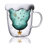 Christmas Tree Shaped Double Wall Coffee Mug ,JMOCD Cute Christmas Tree Coffee Mugs with Lid and Handle Christmas Tree Shaped Double Wall Insulated Glass Cups for Tea, Milk, Beverage, Juice, Water, 300ML.