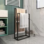 HOJINLINERO Freestanding Towel Rack 2 Tier Metal Towel Bar Stand,Blanket Holder,Hand Towel Holder,Indoor/Outdoor,Black