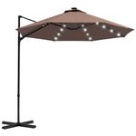 Outsunny 9.5'x8.5' Cantilever Patio Umbrella with Solar Powered LED Lights, Outdoor Hanging Market Offset Umbrella with 360°Rotation, Crank, Cross Base for Garden, Backyard, Khaki