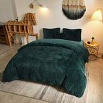 MEGO Luxury Shaggy Plush Duvet Cover Set, Ultra Soft 3 Pieces Fluffy Faux Fur Comforter Cover Set, Fuzzy Bedding Set(1 Furry Duvet Cover + 2 Pillow Shams), Zipper Closure(Queen, Dark Green)