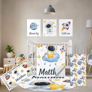Terwex Customized Baby Bedding Set, 5 Pcs Custom Nursery Bedding Set with Baby Name, Double Layer Crib Set for Girls Boys, Personalized Gifts for Toddlers Infants New Parents, Space Astronaut