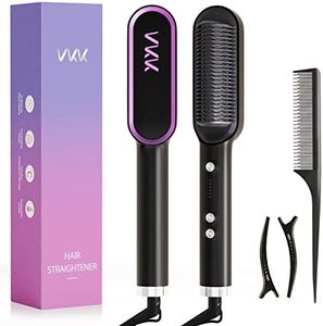 VKK Hair Straightener Brush, Hair Straightener Comb with 25s Fast Heating Ceramic PTC, 5 Temp Settings & Anti-Scald, Straightening Brush for Women, Professional Hair Tools for Styling