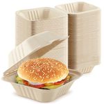 Bagasse Clamshell Takeout Containers, Biodegradable Eco Friendly Take Out to Go Food Containers with Lids for Lunch Leftover Meal Prep Storage, Microwave and Freezer Safe, 6x6, 1 Compartment, 50 Pack