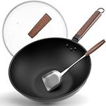 YuSailng Wok Pan Nonstick, Carbon Steel Wok with Lid - Including Glass Cover and Spatula, 13-Inch Woks & Stir-Fry Pans for Induction, Electric, Gas Stoves