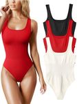 OQQ Women's 3 Piece Bodysuits Sexy Ribbed Sleeveless Square Neck Sleeveless Tank Tops Bodysuits Black Red Beige