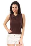 TRASA Womens Sleeveless Rib Knitted 100 Percent Cotton Racer Back Tank Tops Collared Neck Crop Tank Tops - Brown - M - Slim Fit