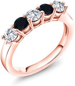 18K Rose Gold Plated Silver White Lab Grown Diamond and Black Onyx 5-Stone Wedding Anniversary Band Ring For Women (0.77 Cttw, Gemstone April Birthstone, Available In Size 5, 6, 7, 8, 9)
