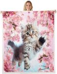Cute Cat Fleece Throw Blanket Girly Pink Flowers Sherpa Blanket for Kids Adult Lovely Pet Cat Plush Blanket 3D Animal Theme Fuzzy Blanket for Sofa Bed Couch Kawaii Kitten Room Decor Twin 60x80 Inch