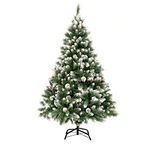 GIGALUMI 150cm/5ft Fold-Out Artificial Christmas Tree Retractable Xmas Tree with snow and real pine cones Indoor Decoration Pine Tree