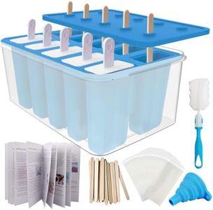 Miaowoof Homemade Popsicle Molds, 10-Cav Non-BPA Silicone Ice Pop Maker, with 50 Sticks, 50 Bags, 10 Reusable Sticks, Funnel, Brush and Ice Pop Recipe (Blue+Bin)