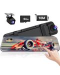 10'' Dual Dash Cam, 4K+1080P Rear View Mirror Camera Driving Assistant with Smart Full Touch Screen, G-Sensor, Revers Assistance, Parking Monitor, Support GPS installation, Free 64G SD Card