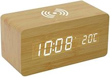 Cilipuloy Wooden Digital Alarm Clock with Wireless Charging 3 Alarms LED Display Sound Control for Bedroom Bedside Office Kids Friends