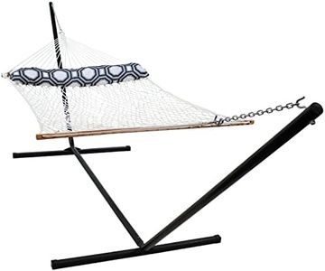 Sunnydaze Double Polyester Rope Hammock with Stand and Pillow with 15 Foot Steel Stand - 400-Pound Capacity - White