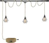3-Light Hanging Light with Plug in Cord,Plug in Pendant Light 22ft Hemp Rope Pendant Lighting Vintage 3-Light Metal Cage Hanging Lamp Fixtures for Kitchen Island Living Room Bedroom