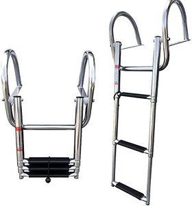 3 Steps Pontoon Boat Ladder, Stainless Steel Telescoping Inboard Boat Ladder Heavy Duty Rear Entry Custom Swim Deck Ladder with Pedal Hand Railing Ladder