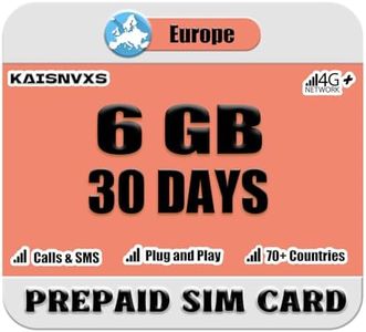 Plug and Play Prepaid SIM Card for Europe Travel - EU 6GB / UK 10GB for 30 Days in 70+ Countries,No Need Activation,4G LTE High Speed Network + Unlimited Calls and SMS (30 Days | 6GB)