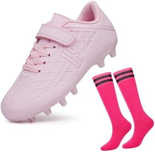 brooman Kids Firm Ground Soccer Cleats Boys Girls Football Cleats with Soccer Socks (2,Pink)