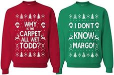 Wild Bobby Why is The Carpet All Wet Todd Margo Couples Ugly Christmas Sweatshirts, Todd Red Margo Green, Mens-XL / Womens-M