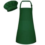 Bouiexye 1 Set Kids Apron and Chef Hat Set Children Apron Adjustable with 2 Pockets Children Chef Painting for Cooking Baking Painting Crafts Making (Dark Green)