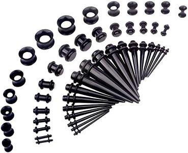 CABBE KALLO 50 Pcs 14G-00G Ear Stretching Kits Acrylic Tapers Plugs & Silicone Tunnels Gauges Expander Set Body Piercing Jewelry, Black