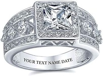 Personalizza Anello Di Fidanzamento Principessa In Stile Art Deco Con Alone Aaa A Forma Di Quadrato Per Donne Con Fascia Larga A 3 File .925 Argento Anello Di Promessa Inciso Su Misura