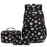 Leaper Water-Resistant Daisy School Backpack Lunch Bag Pencil Bag 3 in 1 Set Black