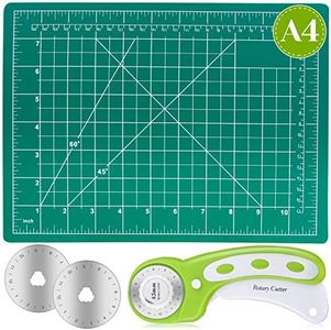 Rotary Cutter Set, Audab Self Healing Sewing Mats Rotary Cutter and Mat 45mm Rotary Fabric Cutter Set with 2 Blades Rotary Cutting Mat for Crafts Fabric Quilting Hobby (9" x 12" (A4))