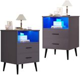 LVSOMT Nightstand Set of 2 with Charging Station, Side Tables Bedroom Set of 2 with Drawers, Night Stand Set with LED Lights, End Table with Open Shelf, Gray