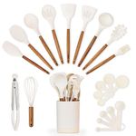 Silicone Kitchen Utensils Set & Holder: Cooking Utensils Set - Kitchen Essentials for New Home & 1st Apartment (Walnut, Cream White)