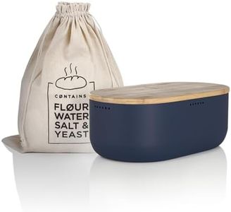 LARS NYSØM Bread Box I Metal bread box with linen bread bag for long lasting freshness I Bread box with bamboo lid usable as cutting board I 35.5 x 19.5 x 13.5 cm (Navy Blue)